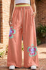 Sky Blue Color Block Flower Patchwork Drawstring Contrasted Elastic Waist Wide Leg Pants