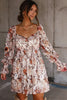 White Floral Print Sweetheart Neck Long Sleeve High Waist Mini Dress