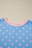 Sky Blue Raised Rib Polka Dot Print Cuffed Short Sleeve Top