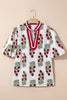 White Plus Size Floral Print Ricrac Striped Trim Short Sleeve Cotton Blouse