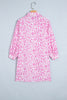 Pink Abstract Leopard Print Tie Waist Puff Sleeve Mini Shirt Dress