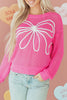 Sachet Pink Sweet Bow Decor Hollow Out Knitted Drop Shoulder Sweater