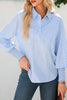 Gray Pinstripe Long Sleeve Smocked Cuffs Button Shirt Collar Blouse