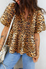 Leopard Print Short Puff Sleeve Slit Neck Babydoll Blouse