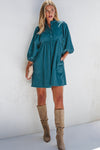 Vineyard Green Corduroy Snap Buttons Empire Waist Bracelet Sleeve Dress