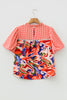 Red Paisley Geometric Mixed Print Patchwork Puff Sleeve Blouse Top