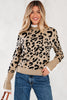 Brown Leopard Pattern Lace Ribbed Detail Button Cuffed Sweater
