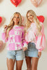 Pink Bow Knot Two Tone Checkered Crew Neck Sweater