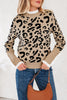Brown Leopard Pattern Lace Ribbed Detail Button Cuffed Sweater