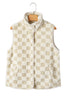 Khaki Sherpa Checkerboard Snap Button Vest Jacket With Pocket