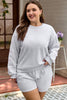 Light Grey Girly Bow Embroidered Puff Sleeve Pullover Loose Shorts Plus 2pcs Outfit