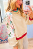 Beige Bowknot Printed Patchwork Raglan Sleeve Colorblock Edge Top