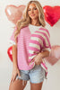 Pink Stripe Patchwork Textured Short Sleeve High Low Loose Top