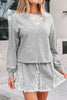 Light Grey Lace Patchwork Drop Shoulder Pullover Drawstring Skort 2pcs Outfit