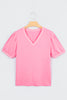 Bonbon Solid Color V Neck Short Puff Sleeve Blouse