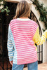 Multicolour Color Block Striped Patchwork Dolman Sleeve Slit Sweater