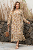 Khaki Abstract Plant Print Loose Plus Size Long Dress