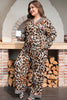 Khaki Plus Leopard Print Contrast Piping Striped Patchwork 2pcs Long Pajama Set