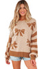 Straw Yellow Ribbon Bow Print Checkered Striped Sleeve Drop Shoulder Sweater