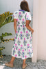 Blue Floral Puff Short Sleeve V Neck High Waist Maxi Dress