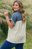 Light Grey Half Buttons Collared Denim Patchwork Plus Short Sleeve Top