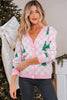 Red Checkered Christmas Tree Pattern Button V Neck Cardigan Sweater