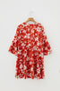 Blue Boho Floral Print Lettuce Trim 3/4 Sleeve Mini Dress