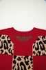 Red Plus Size Leopard Contrasted Checkered Short Sleeve Sweater