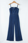 Sail Blue Seamed Zipper Spaghetti Strap High Waist Flared Jumpsuit