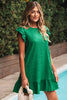 Dark Green Textured Flutter Sleeve Ruffled Mini Dress