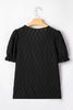 Beau Blue Solid Color Textured Notched Neck Puff Sleeve Blouse
