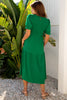 Dark Green Solid Textured Smocked Puff Short Sleeve High Waist Long Dress