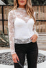 Apricot Pink Sheer Floral Lace Mesh Mock Neck Long Sleeve Top