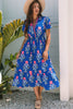 Blue Floral Puff Short Sleeve V Neck High Waist Maxi Dress