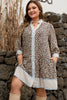 Khaki Plus Size Leopard Print Striped Trim V Neck Drop Waist Long Sleeve Mini Dress