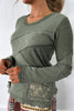 Sage Green Solid Color Waffle Ribbed Lace Patchwork Long Sleeve Top