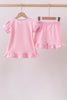 Pink ghost pumpkin embroidery ruffle shorts set