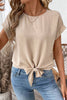 Parchment Solid Color Knotted Hem Short Sleeve Blouse