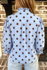 Sky Blue Polka Dot Print Ruffle Stand Neck 3/4 Sleeve Shift Shirt