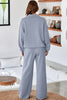 Dusk Blue Solid Color Cowl Neck Drawstring Pullover Wide Leg Athleisure Pants Set