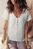 White Solid Color Textured Button V Neck Raw Seam Henley Tee