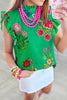 Green Floral Print Flutter Sleeve Frilly Neck Blouse