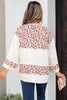 Red Floral Print Gauze Patchwork Henley Button 3/4 Sleeve Blouse