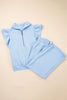 Beau Blue Textured Ruffled Sleeve Zipped Top and Wide Leg Pants Set