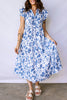Blue Ruffled Short Sleeve Tiered Floral Midi Dress