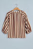 Brown Stripe V Neck Half Sleeve Casual Blouse