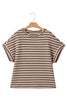 Brown Stripe Textured Side Slits Crew Neck T Shirt