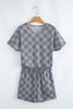 Gray Checkered V Neck Tee Drawstring Shorts Lounge Set