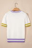 White Mardi Gras Tinsel Letter Graphic Short Sleeve Sweater
