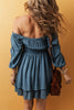 Real Teal Frilled Neckline 3/4 Sleeve Layered Ruched Mini Dress